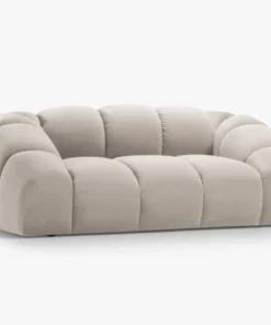 SOFA 2-osobowa Diana o zaoblonych kształtach, pionowe przeszycia, beżowa tkanina, designerski styl, piękna