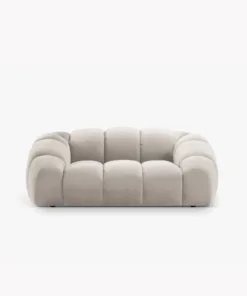 SOFA 2-osobowa Diana o zaoblonych kształtach, pionowe przeszycia, beżowa tkanina, designerski styl