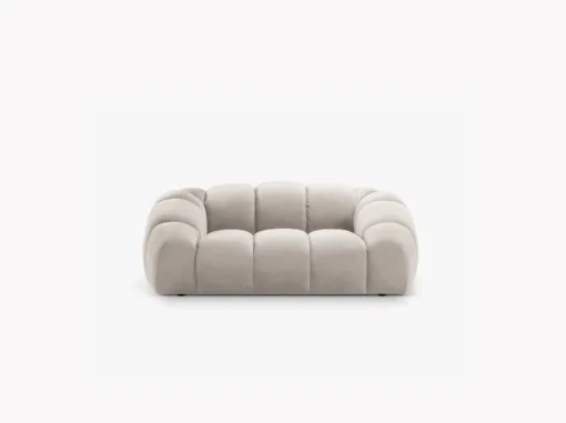SOFA 2-osobowa Diana o zaoblonych kształtach, pionowe przeszycia, beżowa tkanina, designerski styl