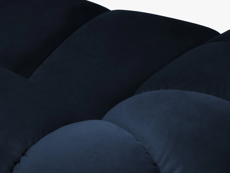 SOFA 2-osobowa Diana o zaoblonych kształtach, pionowe przeszycia, ciemnoniebieska tkanina, designerski styl, do salonu