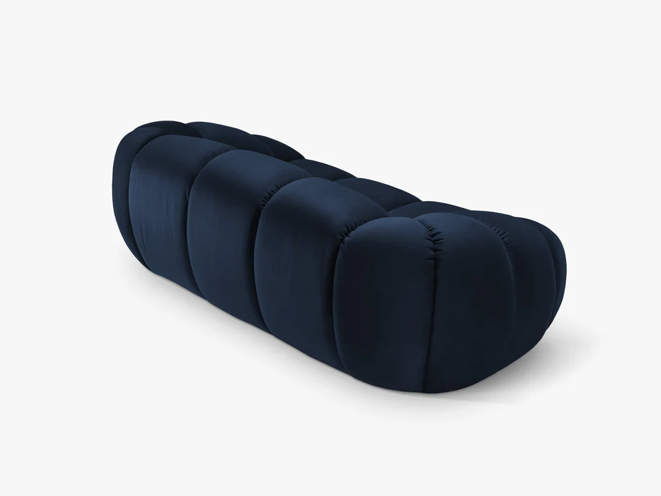 SOFA 2-osobowa Diana o zaoblonych kształtach, pionowe przeszycia, ciemnoniebieska tkanina, designerski styl, ekskluzywna