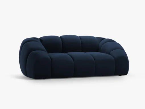 SOFA 2-osobowa Diana o zaoblonych kształtach, pionowe przeszycia, ciemnoniebieska tkanina, designerski styl, piękna