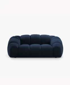 SOFA 2-osobowa Diana o zaoblonych kształtach, pionowe przeszycia, ciemnoniebieska tkanina, designerski styl