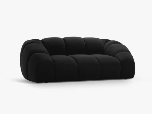 SOFA 2-osobowa Diana o zaoblonych kształtach, pionowe przeszycia, czarna tkanina, designerski styl, piękna