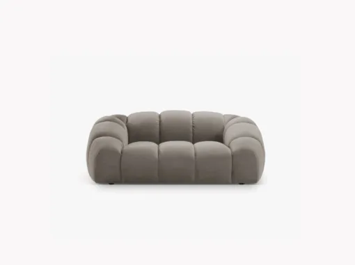 SOFA 2-osobowa Diana o zaoblonych kształtach, pionowe przeszycia, szara tkanina, designerski styl
