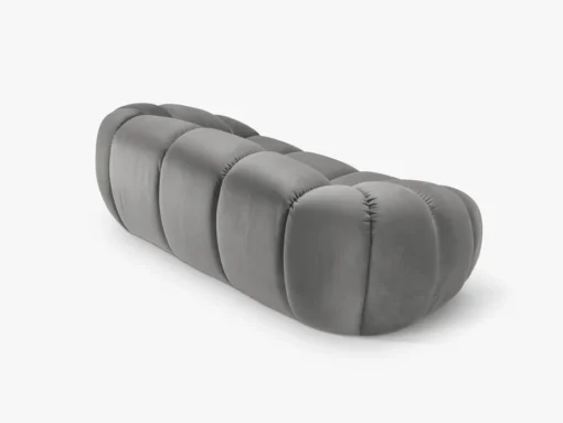 SOFA 2-osobowa Diana o zaoblonych kształtach, pionowe przeszycia, szara tkanina, designerski styl, ekskluzywna
