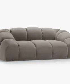 SOFA 2-osobowa Diana o zaoblonych kształtach, pionowe przeszycia, szara tkanina, designerski styl, piękna