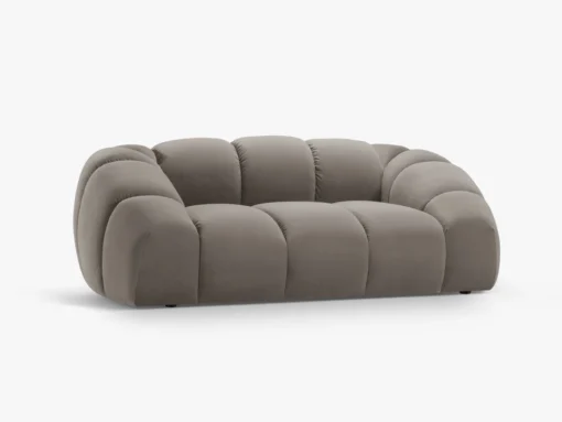 SOFA 2-osobowa Diana o zaoblonych kształtach, pionowe przeszycia, szara tkanina, designerski styl, piękna