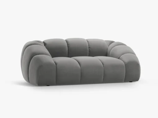 SOFA 2-osobowa Diana o zaoblonych kształtach, pionowe przeszycia, szara tkanina, designerski styl, piękna