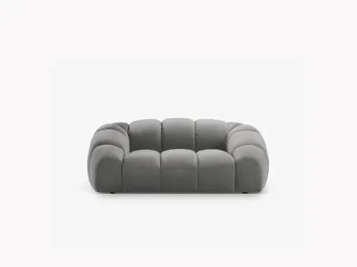 SOFA 2-osobowa Diana o zaoblonych kształtach, pionowe przeszycia, szara tkanina, designerski styl