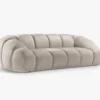 SOFA 3-osobowa Diana o zaoblonych kształtach, pionowe przeszycia, beżowa tkanina, designerski styl, piękna