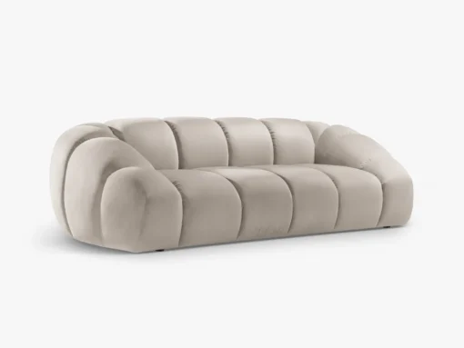 SOFA 3-osobowa Diana o zaoblonych kształtach, pionowe przeszycia, beżowa tkanina, designerski styl, piękna