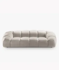 SOFA 3-osobowa Diana o zaoblonych kształtach, pionowe przeszycia, beżowa tkanina, designerski styl