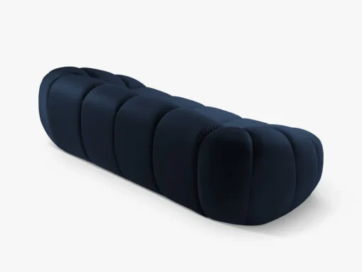 SOFA 3-osobowa Diana o zaoblonych kształtach, pionowe przeszycia, ciemnoniebieska tkanina, designerski styl, ekskluzywna