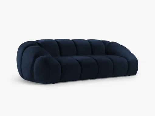 SOFA 3-osobowa Diana o zaoblonych kształtach, pionowe przeszycia, ciemnoniebieska tkanina, designerski styl, piękna