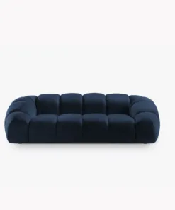 SOFA 3-osobowa Diana o zaoblonych kształtach, pionowe przeszycia, ciemnoniebieska tkanina, designerski styl