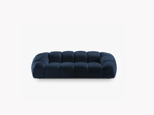SOFA 3-osobowa Diana o zaoblonych kształtach, pionowe przeszycia, ciemnoniebieska tkanina, designerski styl