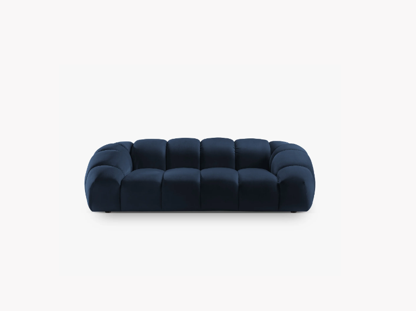 SOFA 3-osobowa Diana o zaoblonych kształtach, pionowe przeszycia, ciemnoniebieska tkanina, designerski styl SOFA 3-osobowa Diana o zaoblonych kształtach, pionowe przeszycia, ciemnoniebieska tkanina, designerski styl
