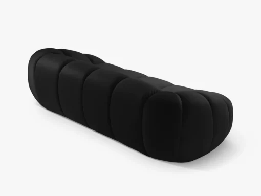 SOFA 3-osobowa Diana o zaoblonych kształtach, pionowe przeszycia, czarna tkanina, designerski styl, ekskluzywna