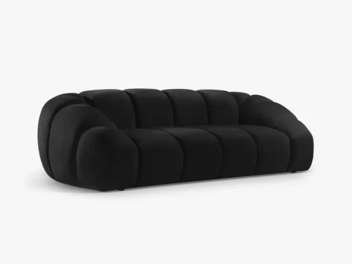 SOFA 3-osobowa Diana o zaoblonych kształtach, pionowe przeszycia, czarna tkanina, designerski styl, piękna