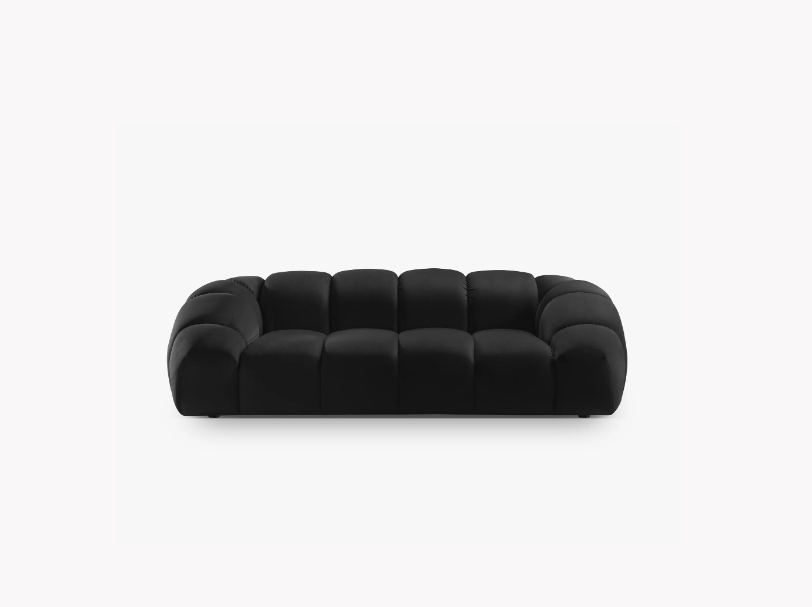 SOFA 3-osobowa Diana o zaoblonych kształtach, pionowe przeszycia, czarna tkanina, designerski styl