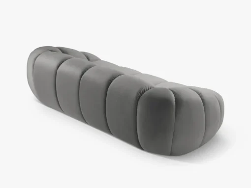 SOFA 3-osobowa Diana o zaoblonych kształtach, pionowe przeszycia, szara tkanina, designerski styl, ekskluzywna