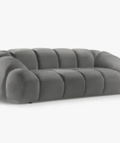 SOFA 3-osobowa Diana o zaoblonych kształtach, pionowe przeszycia, szara tkanina, designerski styl, piękna