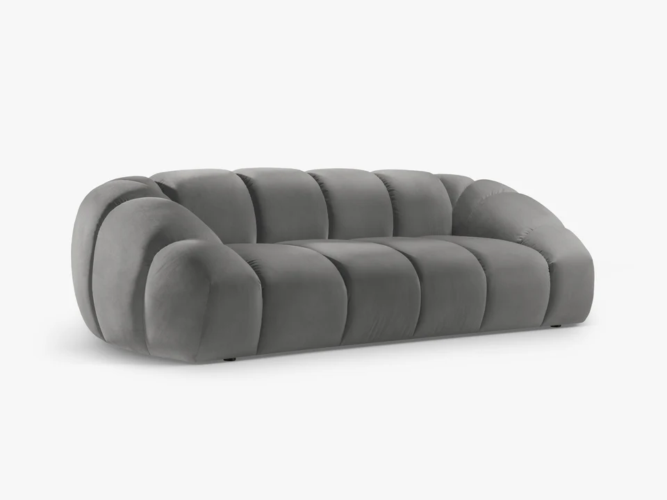 SOFA 3-osobowa Diana o zaoblonych kształtach, pionowe przeszycia, szara tkanina, designerski styl, piękna