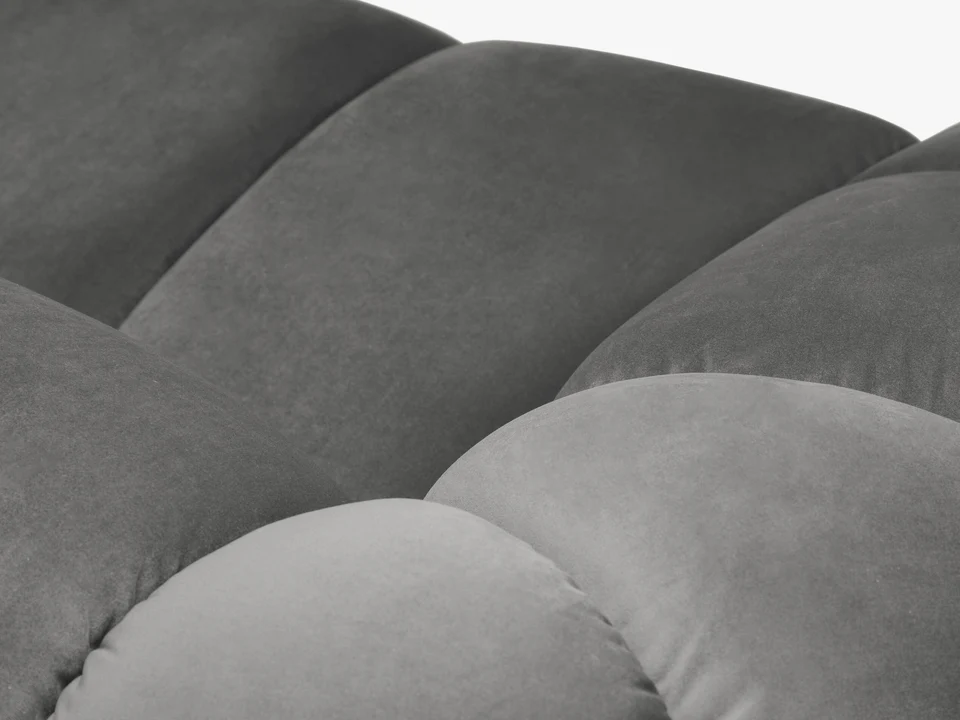 SOFA 3-osobowa Diana o zaoblonych kształtach, pionowe przeszycia, szara tkanina, designerski styl, premium