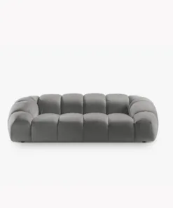 SOFA 3-osobowa Diana o zaoblonych kształtach, pionowe przeszycia, szara tkanina, designerski styl