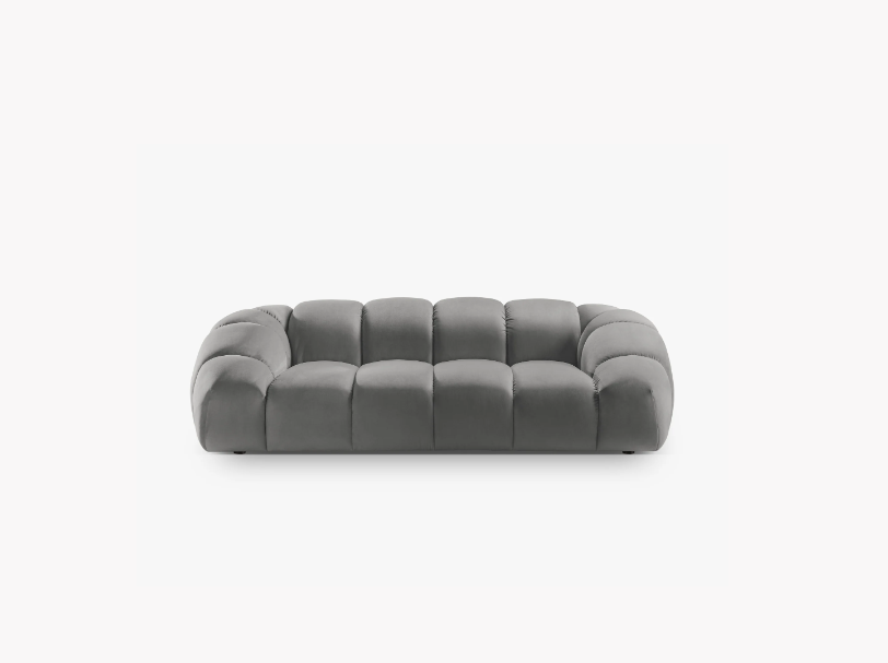 SOFA 3-osobowa Diana o zaoblonych kształtach, pionowe przeszycia, szara tkanina, designerski styl
