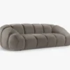 SOFA 3-osobowa Diana o zaoblonych kształtach, pionowe przeszycia, szarobrązowa tkanina, designerski styl, piękna