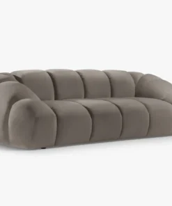 SOFA 3-osobowa Diana o zaoblonych kształtach, pionowe przeszycia, szarobrązowa tkanina, designerski styl, piękna
