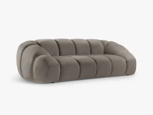 SOFA 3-osobowa Diana o zaoblonych kształtach, pionowe przeszycia, szarobrązowa tkanina, designerski styl, piękna