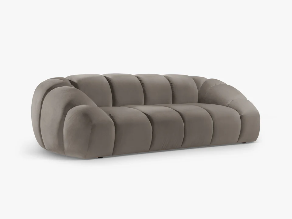 SOFA 3-osobowa Diana o zaoblonych kształtach, pionowe przeszycia, szarobrązowa tkanina, designerski styl, piękna SOFA 3-osobowa Diana o zaoblonych kształtach, pionowe przeszycia, szarobrązowa tkanina, designerski styl, piękna