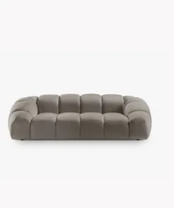 SOFA 3-osobowa Diana o zaoblonych kształtach, pionowe przeszycia, szarobrązowa tkanina, designerski styl