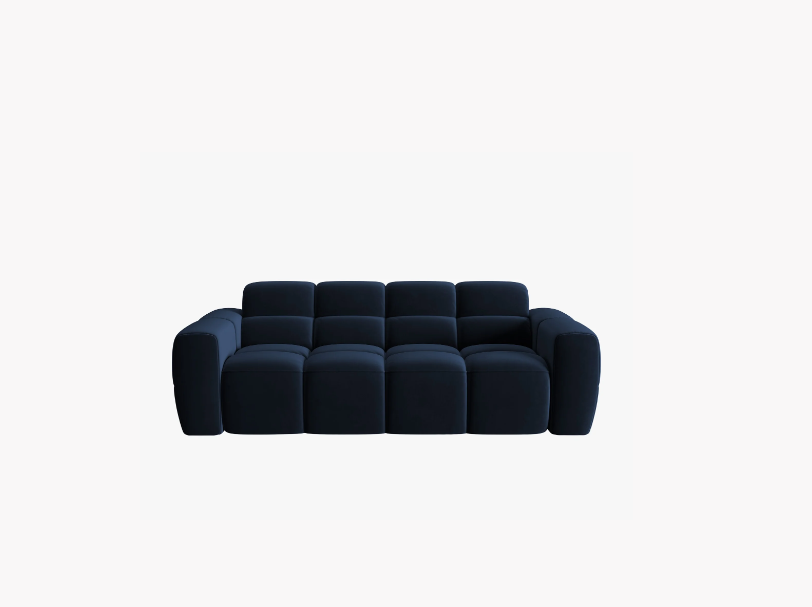 SOFA 3-osobowa Lisa, przeszywana, zaoblone kształty, miękkie siedzisko, ciemnoniebieska tapicerka, designerski styl SOFA 3-osobowa Lisa, przeszywana, zaoblone kształty, miękkie siedzisko, ciemnoniebieska tapicerka, designerski styl