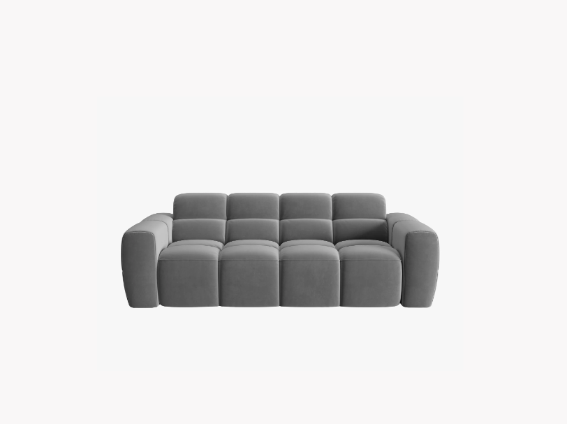 SOFA 3-osobowa Lisa, przeszywana, zaoblone kształty, miękkie siedzisko, jasnoszara tapicerka, designerski styl SOFA 3-osobowa Lisa, przeszywana, zaoblone kształty, miękkie siedzisko, jasnoszara tapicerka, designerski styl