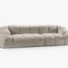 SOFA 4-osobowa Diana o zaoblonych kształtach, pionowe przeszycia, beżowa tkanina, designerski styl, piękna