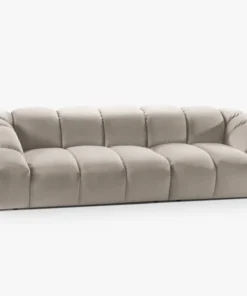 SOFA 4-osobowa Diana o zaoblonych kształtach, pionowe przeszycia, beżowa tkanina, designerski styl, piękna
