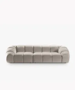 SOFA 4-osobowa Diana o zaoblonych kształtach, pionowe przeszycia, beżowa tkanina, designerski styl