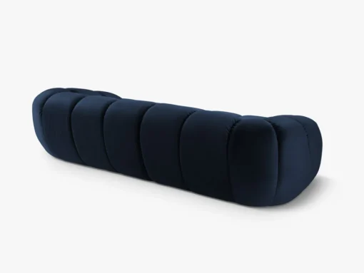 SOFA 4-osobowa Diana o zaoblonych kształtach, pionowe przeszycia, ciemnoniebieska tkanina, designerski styl, ekskluzywna