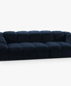 SOFA 4-osobowa Diana o zaoblonych kształtach, pionowe przeszycia, ciemnoniebieska tkanina, designerski styl, piękna