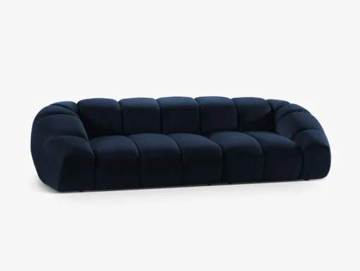 SOFA 4-osobowa Diana o zaoblonych kształtach, pionowe przeszycia, ciemnoniebieska tkanina, designerski styl, piękna