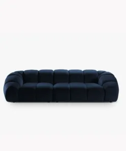 SOFA 4-osobowa Diana o zaoblonych kształtach, pionowe przeszycia, ciemnoniebieska tkanina, designerski styl