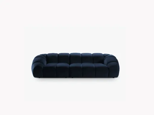 SOFA 4-osobowa Diana o zaoblonych kształtach, pionowe przeszycia, ciemnoniebieska tkanina, designerski styl
