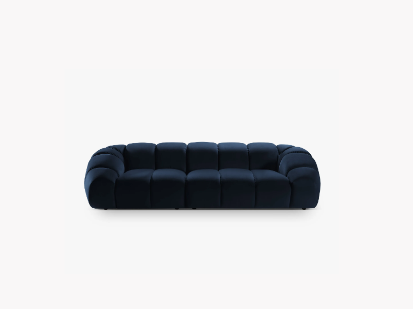 SOFA 4-osobowa Diana o zaoblonych kształtach, pionowe przeszycia, ciemnoniebieska tkanina, designerski styl SOFA 4-osobowa Diana o zaoblonych kształtach, pionowe przeszycia, ciemnoniebieska tkanina, designerski styl