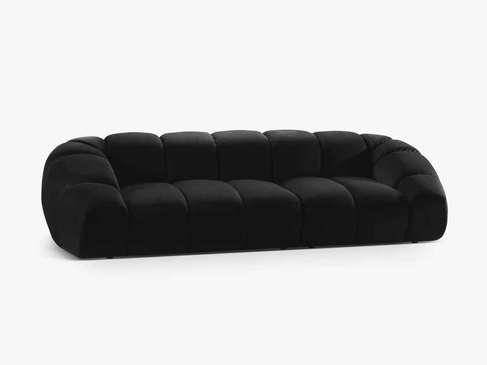 SOFA 4-osobowa Diana o zaoblonych kształtach, pionowe przeszycia, czarna tkanina, designerski styl, piękna