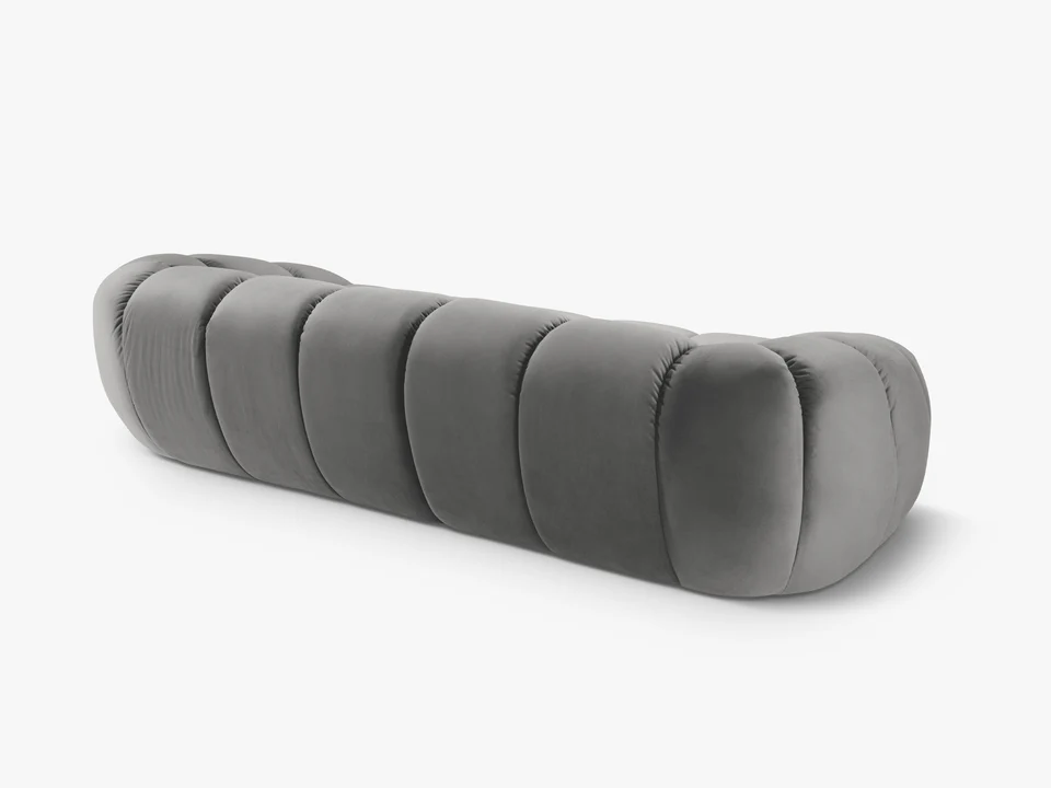 SOFA 4-osobowa Diana o zaoblonych kształtach, pionowe przeszycia, szara tkanina, designerski styl, ekskluzywna