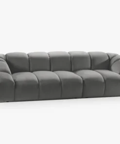SOFA 4-osobowa Diana o zaoblonych kształtach, pionowe przeszycia, szara tkanina, designerski styl, piękna